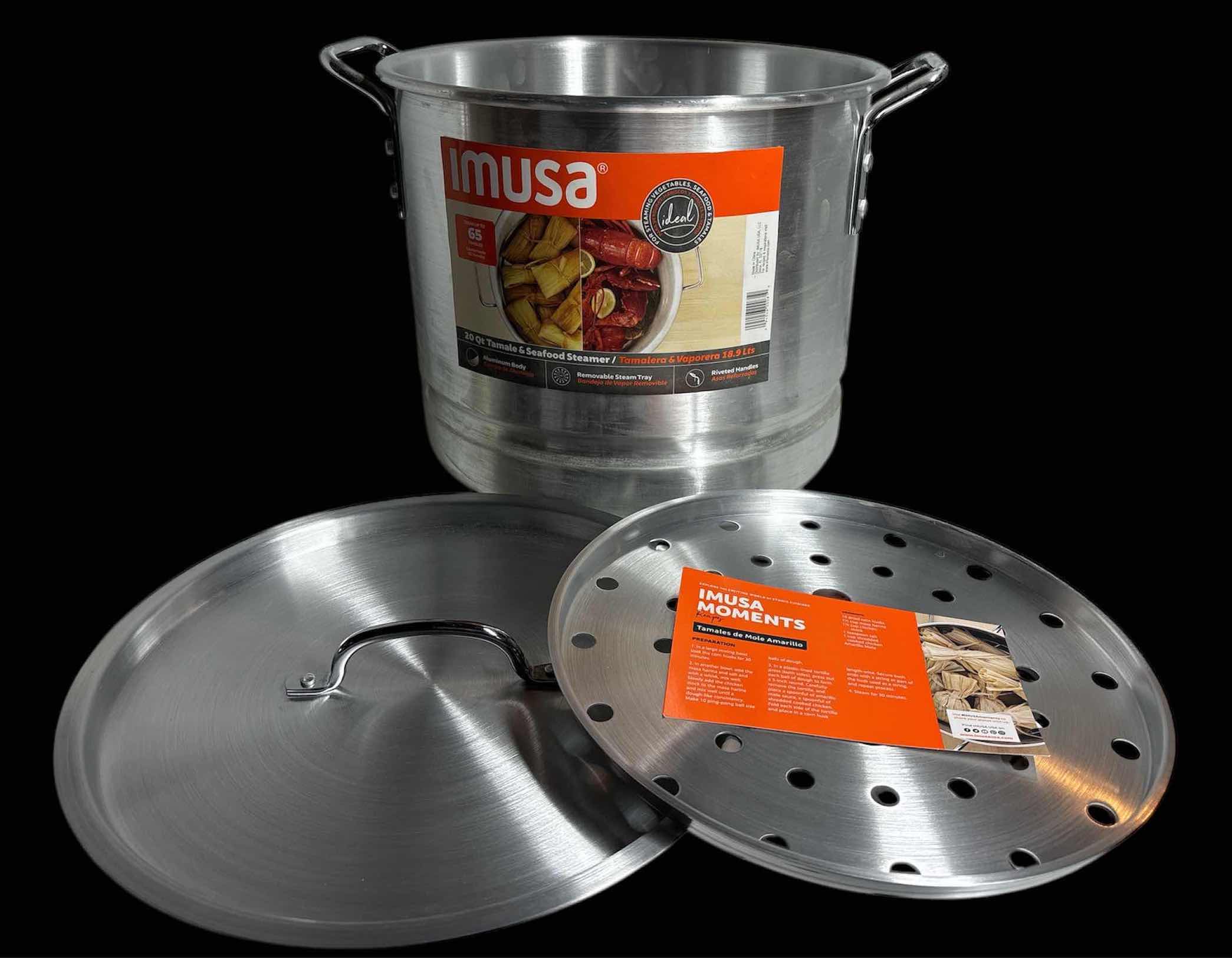 Photo 1 of NEW IMUSA 20 QUART ALUMINUM TAMALE & SEAFOOD STEAMER POT W REMOVABLE STEAM TRAY & RIVETED HANDLES
