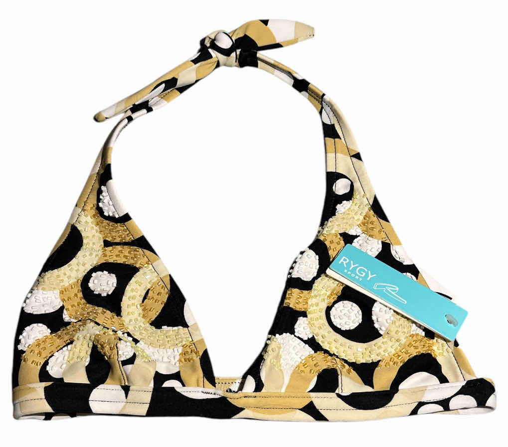 Photo 1 of NEW RYGY SWIMWEAR HAND-EMBROIDERED/BEADED TRIANGLE HALTER BIKINI TOP (MULTICOLOR/SMALL)