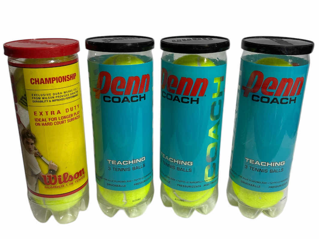 Photo 1 of NEW PENN COACH TEACHING TENNIS BALLS (3 CANS/9 BALLS) & NEW WILSON CHAMPIONSHIP EXTRA DUTY TENNIS BALLS (1 CAN/3 BALLS)