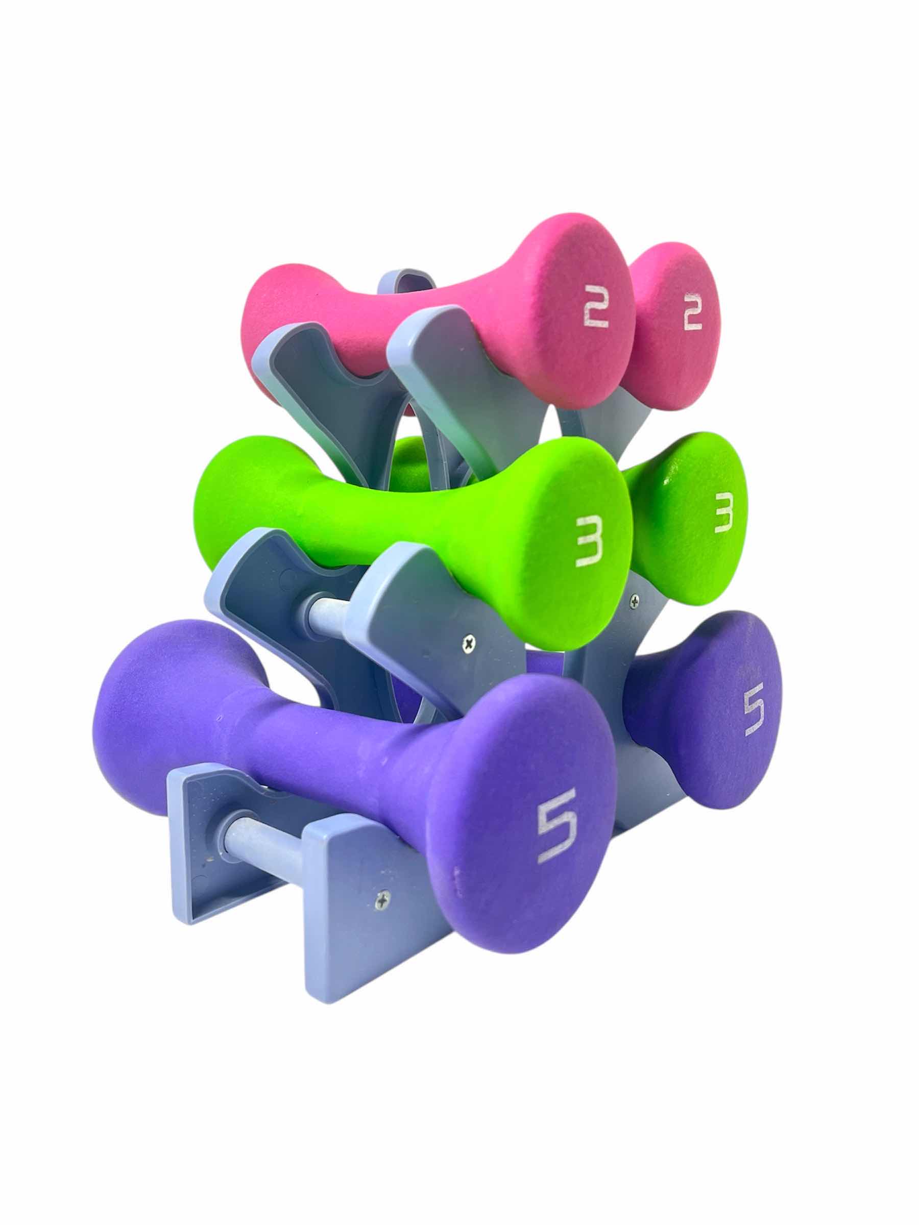 Photo 1 of SPYMINNPOO 6PC COMPREHENSIVE DUMBBELL SET 2LB (2) 3LB (2) 5LB (2) W RACK