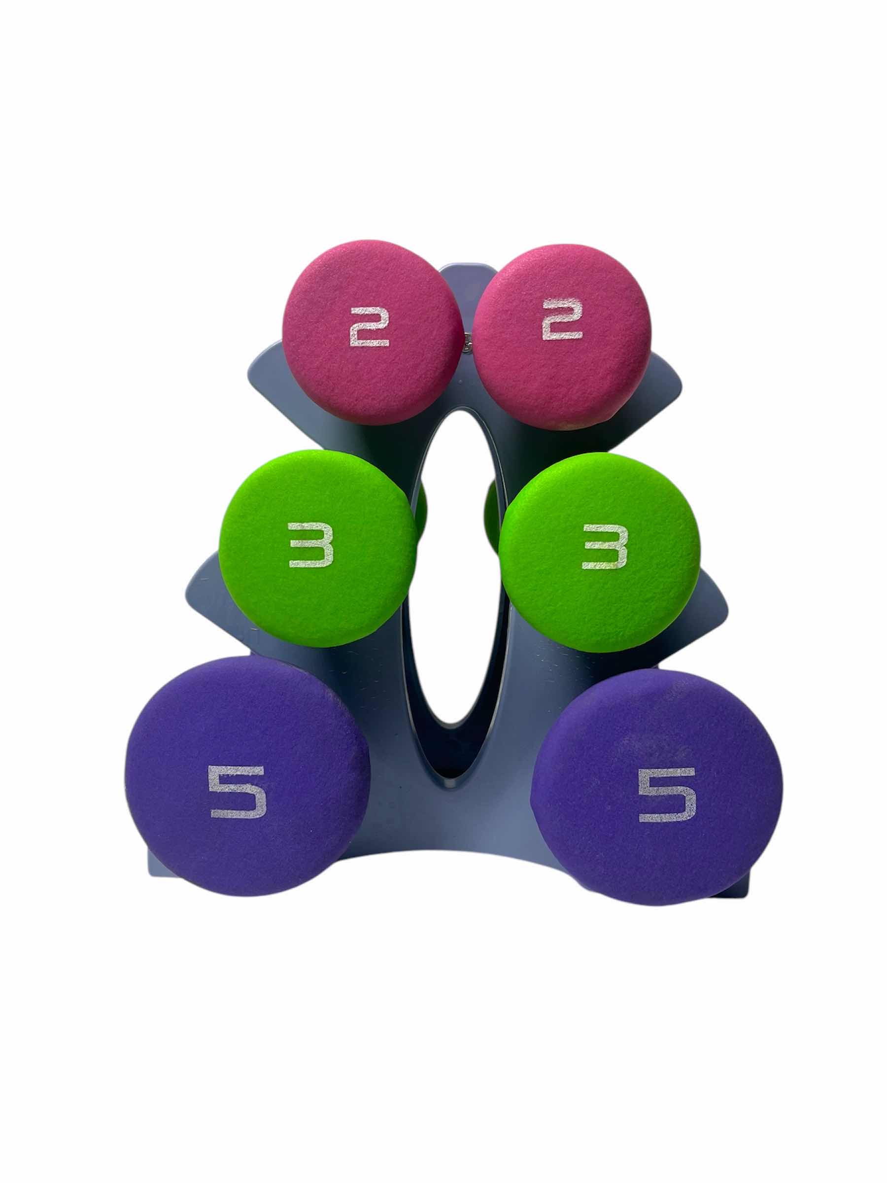 Photo 1 of SPYMINNPOO 6PC COMPREHENSIVE DUMBBELL SET 2LB (2) 3LB (2) 5LB (2) W RACK
