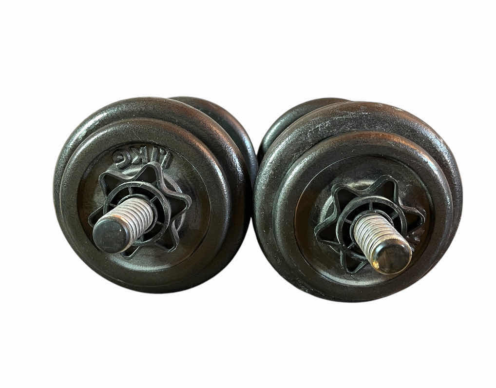 Photo 1 of DUMBBELLS (2) W 5LB (5) 25LB (4) WEIGHT PLATES