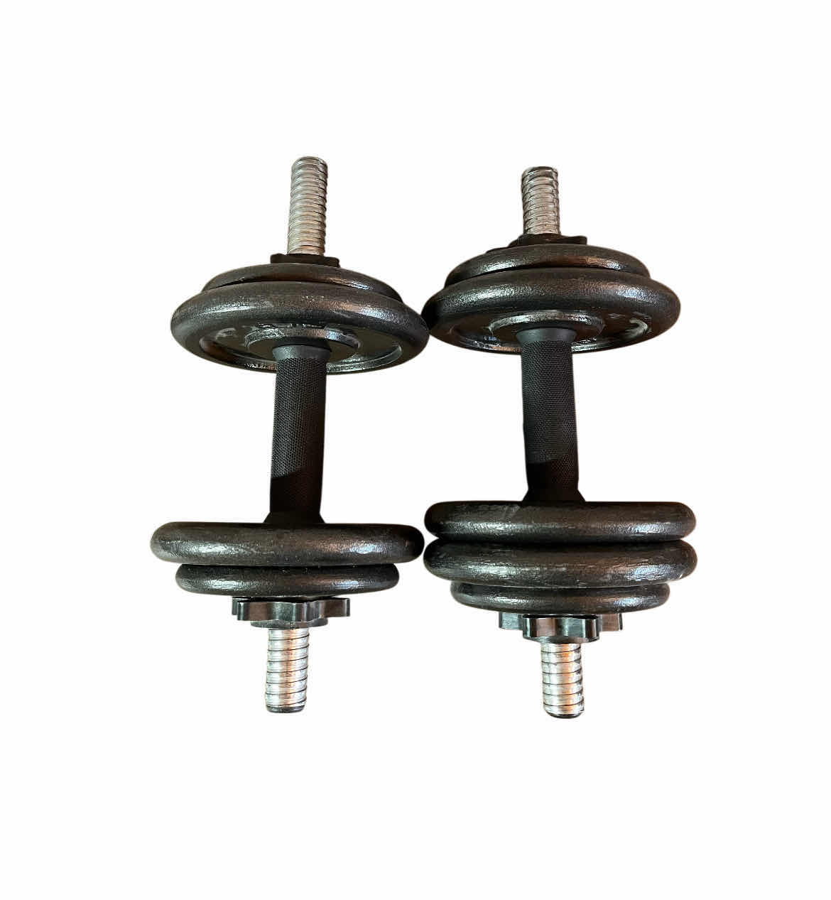 Photo 3 of DUMBBELLS (2) W 5LB (5) 25LB (4) WEIGHT PLATES