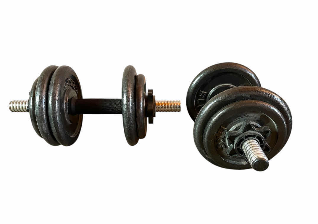 Photo 1 of DUMBBELLS (2) W 5LB (5) 25LB (4) WEIGHT PLATES