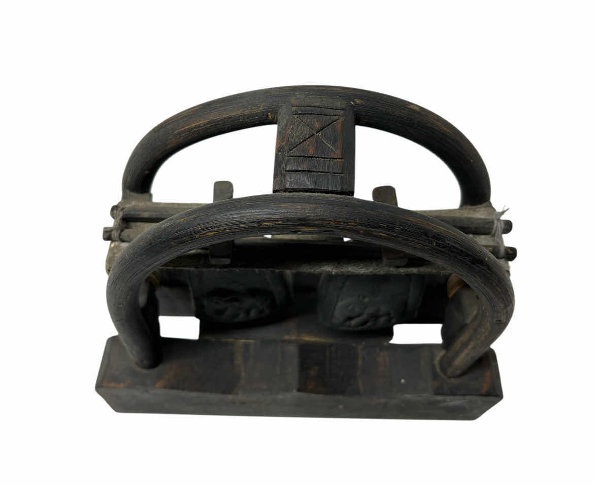 Photo 1 of KAREN HILL TRIBE THAILAND ANTIQUE HAND CARVED WOOD STAND W DOUBLE ELEPHANT BRONZE BELLS 8” X 3” H7.5”