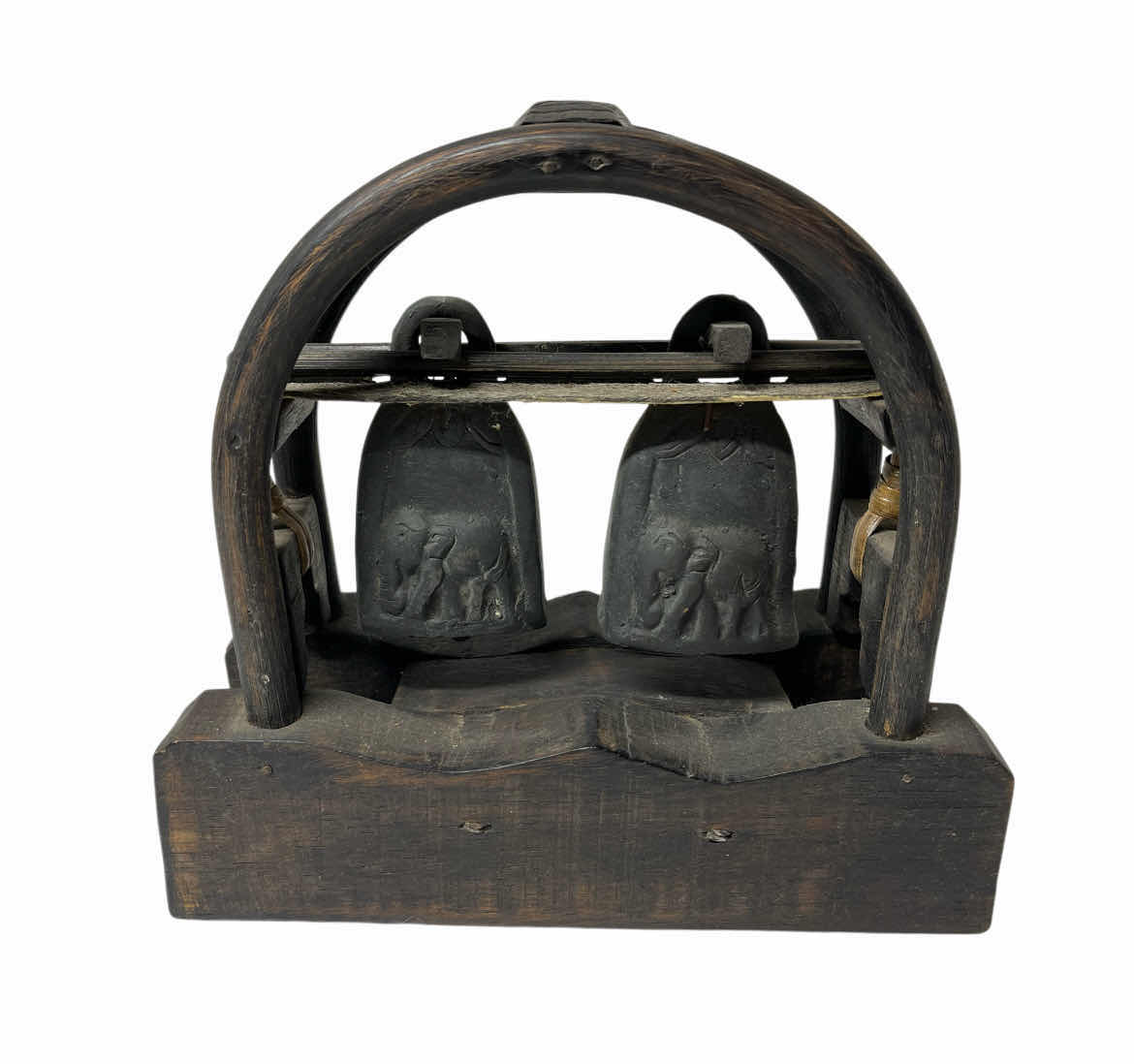 Photo 1 of KAREN HILL TRIBE THAILAND ANTIQUE HAND CARVED WOOD STAND W DOUBLE ELEPHANT BRONZE BELLS 8” X 3” H7.5”
