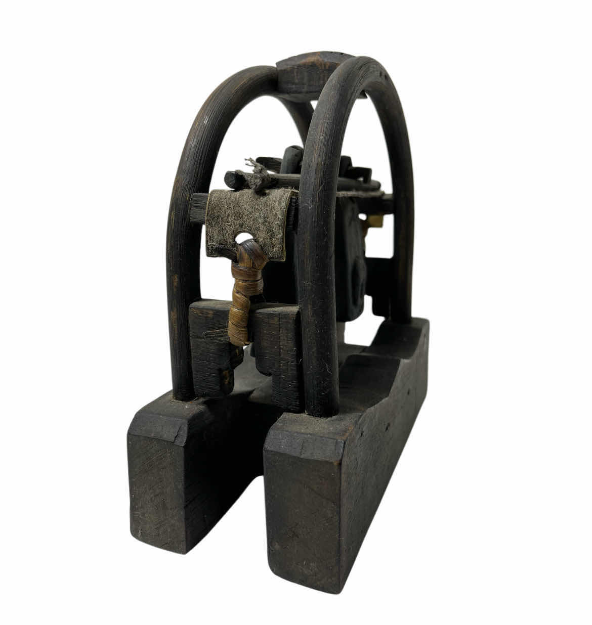 Photo 1 of KAREN HILL TRIBE THAILAND ANTIQUE HAND CARVED WOOD STAND W DOUBLE ELEPHANT BRONZE BELLS 8” X 3” H7.5”