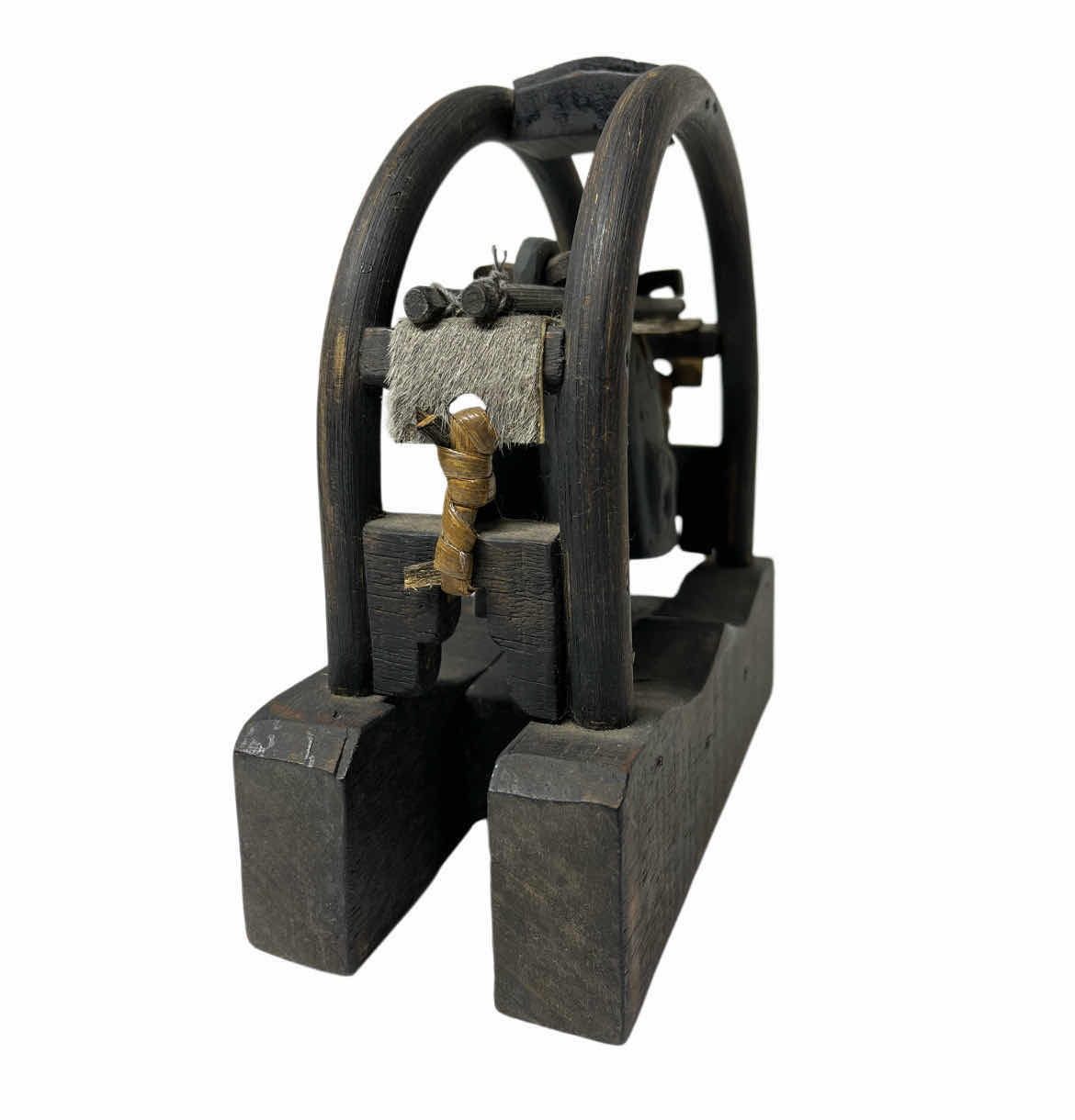 Photo 1 of KAREN HILL TRIBE THAILAND ANTIQUE HAND CARVED WOOD STAND W DOUBLE ELEPHANT BRONZE BELLS 8” X 3” H7.5”