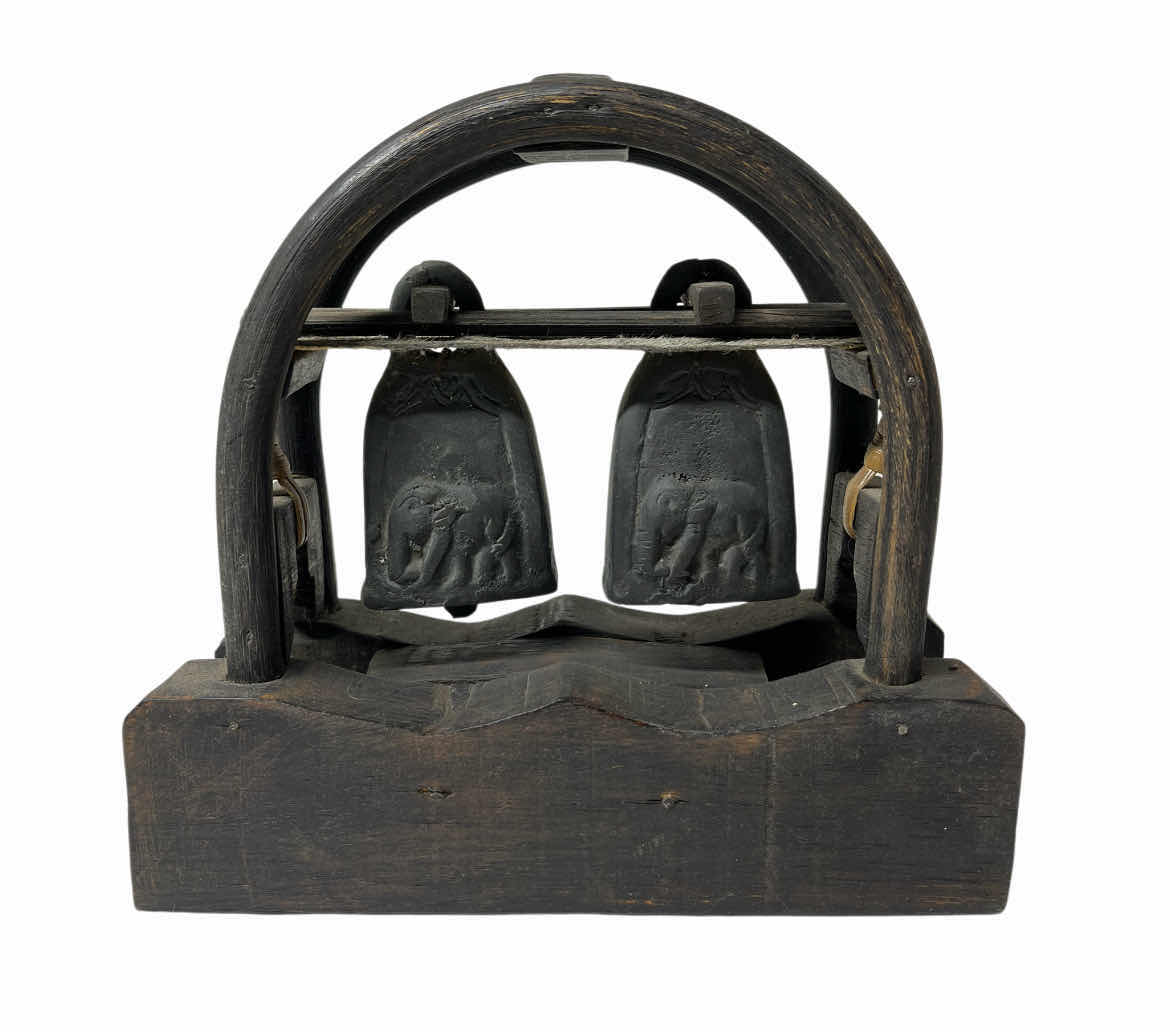 Photo 1 of KAREN HILL TRIBE THAILAND ANTIQUE HAND CARVED WOOD STAND W DOUBLE ELEPHANT BRONZE BELLS 8” X 3” H7.5”
