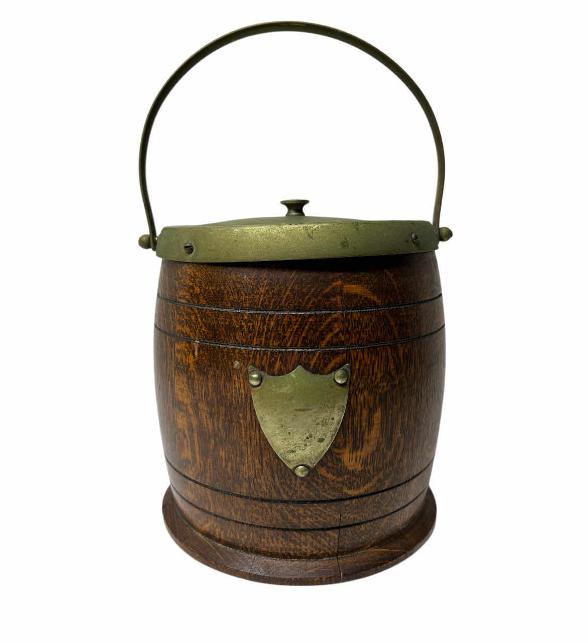 Photo 1 of JBC & SONS ANTIQUE ENGLISH OAK WOOD & SILVER PLATED, PORCELAIN LINED ICE BUCKET 6” X 6”