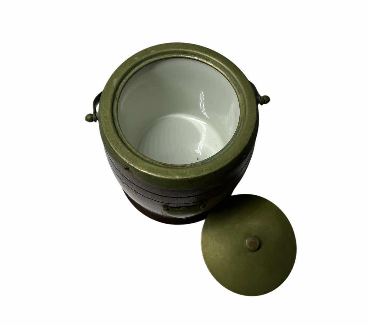 Photo 6 of JBC & SONS ANTIQUE ENGLISH OAK WOOD & SILVER PLATED, PORCELAIN LINED ICE BUCKET 6” X 6”