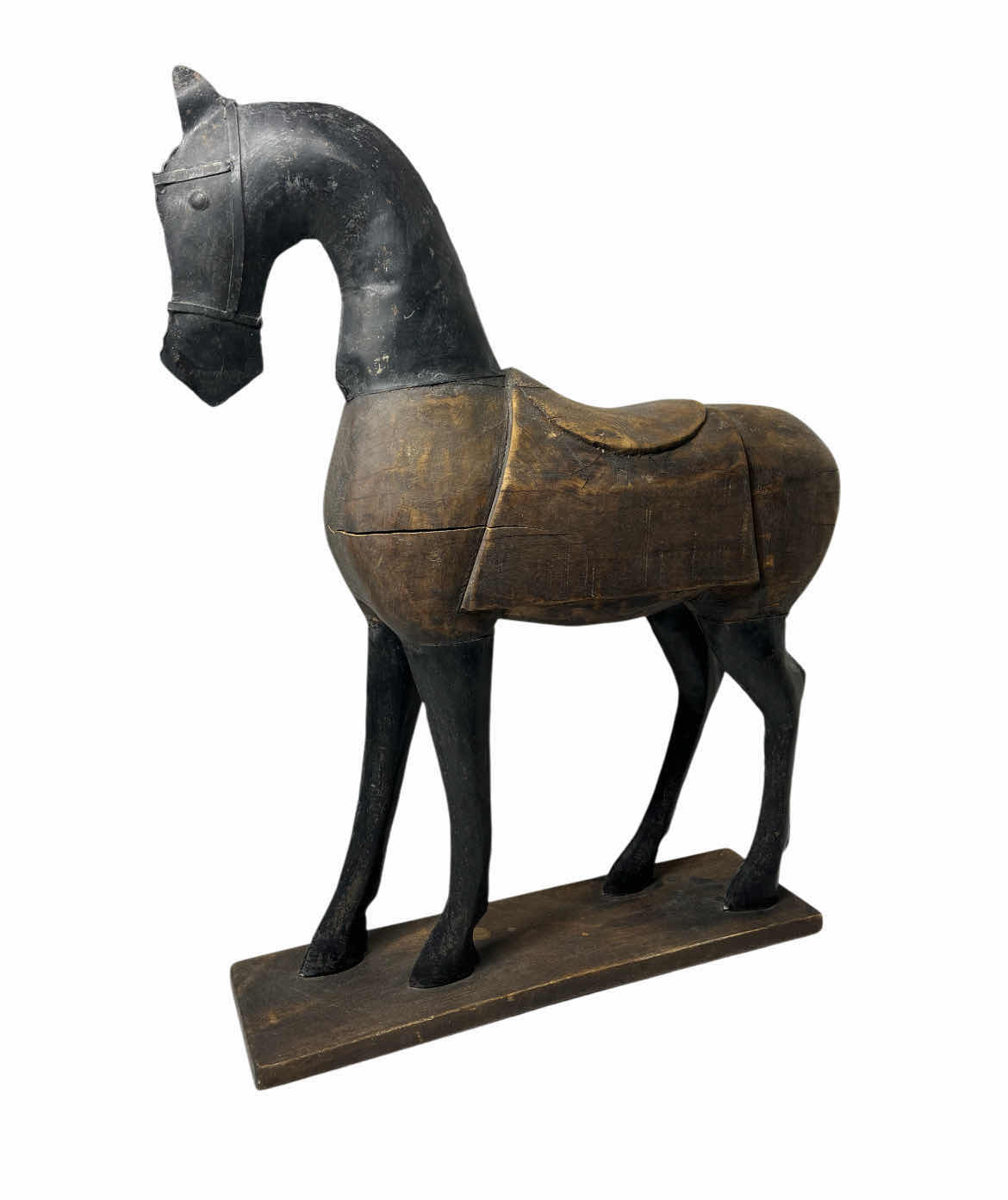 View 1 of MID-CENTURY WOOD & METAL STANDING HORSE SCULPTED STATUE 20” X 5” H24”