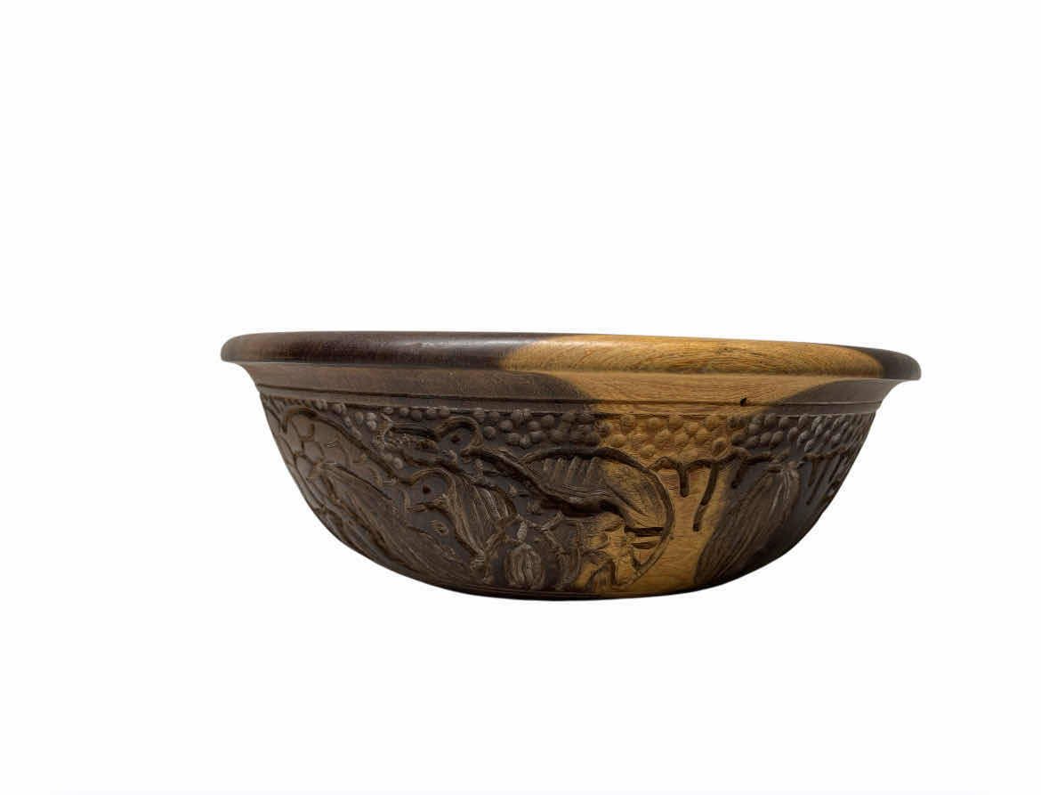 View 2 of AFRICAN SAFARI HAND CARVED EBONY WOOD SERVING BOWL 11.25” X 4”