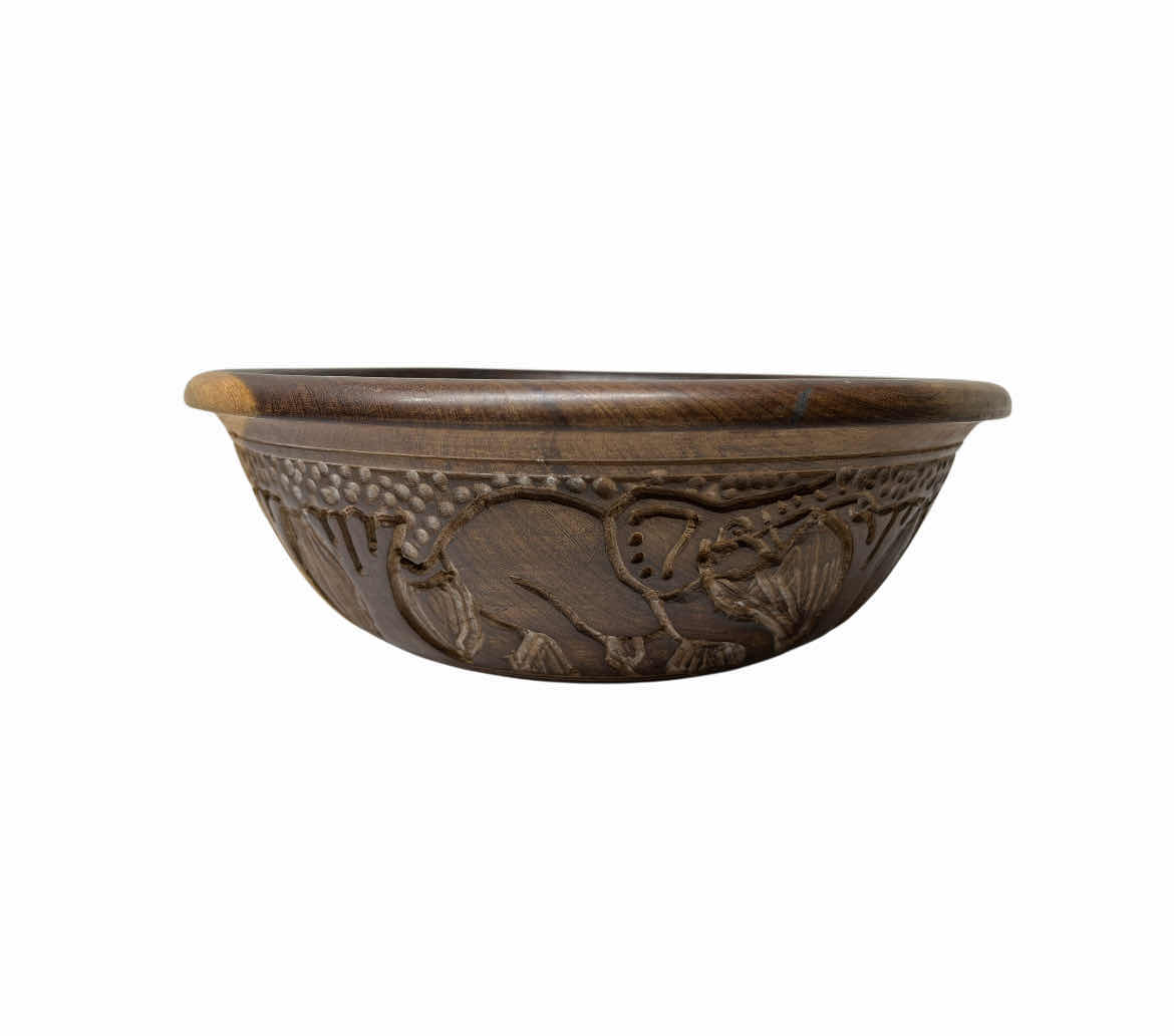 View 1 of AFRICAN SAFARI HAND CARVED EBONY WOOD SERVING BOWL 11.25” X 4”