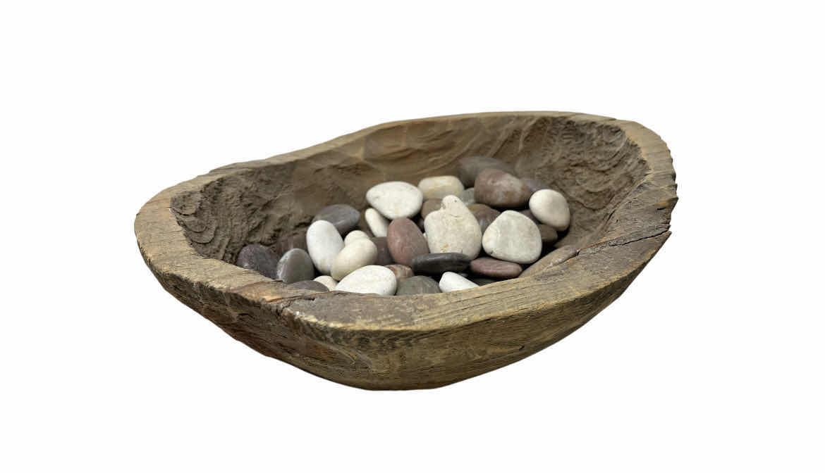Photo 1 of DRIFTWOOD HAND CARVED BOWL 12.5” X 10.5” H4.5” W RIVER ROCKS