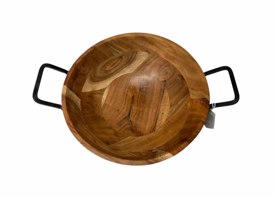 Photo 1 of NEW INDIAN MADE ARTISAN IRON HANDLE WOOD SERVING BOWL 12” X 4”