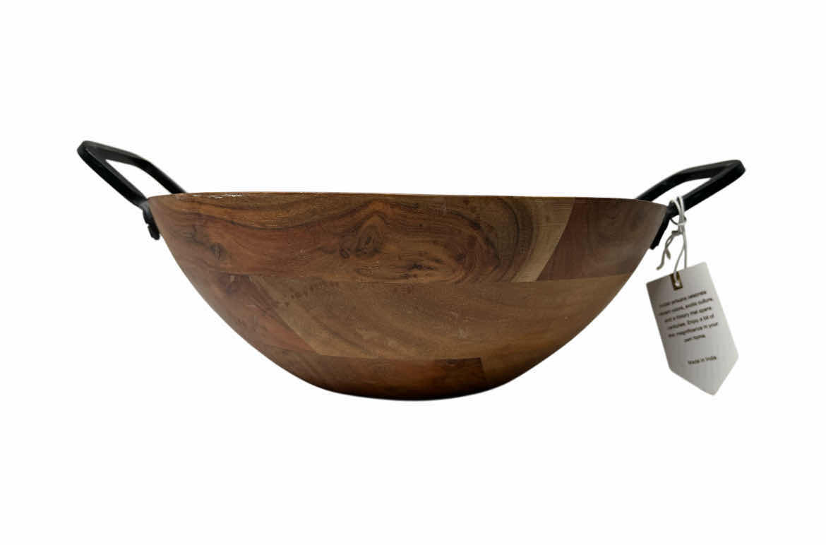 Photo 1 of NEW INDIAN MADE ARTISAN IRON HANDLE WOOD SERVING BOWL 12” X 4”