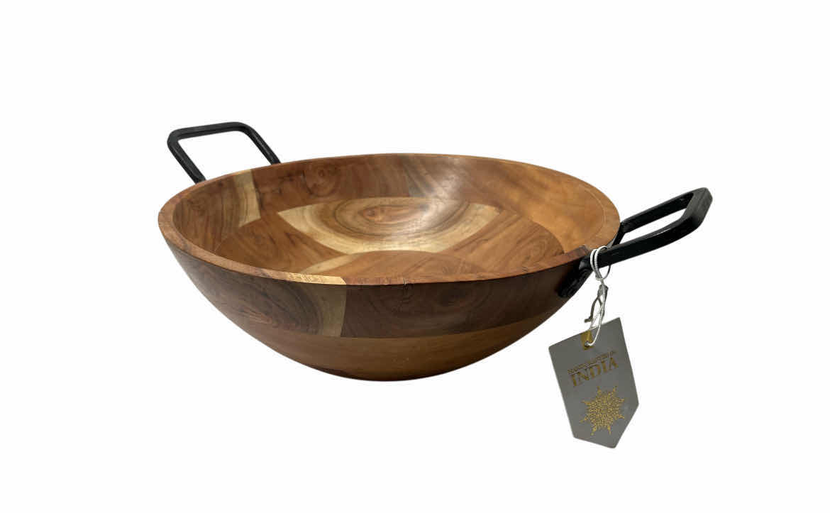 Photo 1 of NEW INDIAN MADE ARTISAN IRON HANDLE WOOD SERVING BOWL 12” X 4”