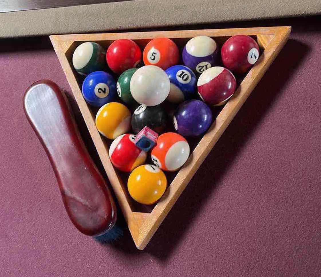 Photo 9 of BEACH MANUFACTURING MILLENNIUM SERIES CHROME FINISH BASE WOOD TRIM POOL TABLE W POOL BALLS, RACK & FELT BRUSH (READ NOTES)