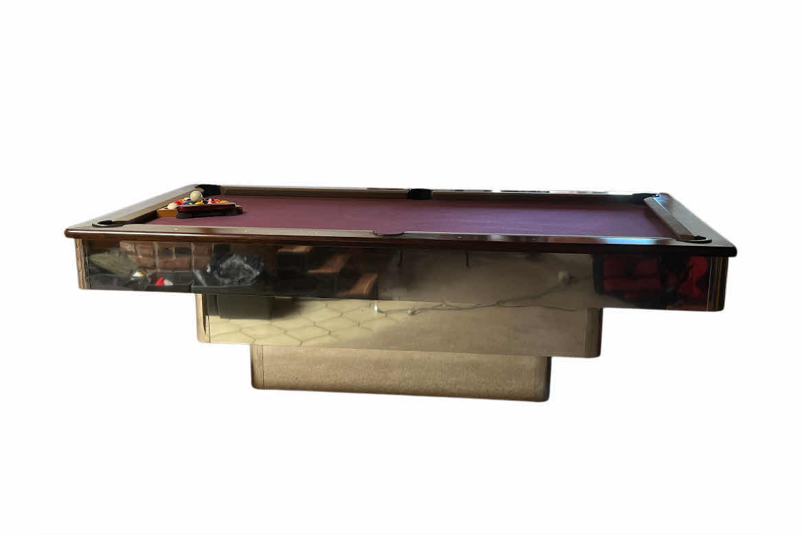 Photo 1 of BEACH MANUFACTURING MILLENNIUM SERIES CHROME FINISH BASE WOOD TRIM POOL TABLE W POOL BALLS, RACK & FELT BRUSH (READ NOTES)