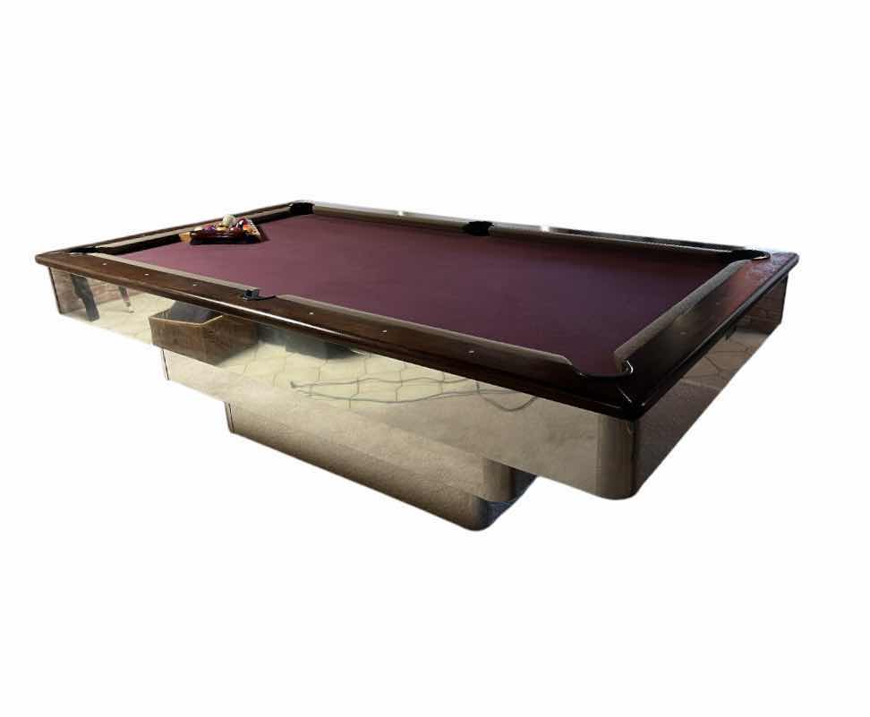 Photo 1 of BEACH MANUFACTURING MILLENNIUM SERIES CHROME FINISH BASE WOOD TRIM POOL TABLE W POOL BALLS, RACK & FELT BRUSH (READ NOTES)