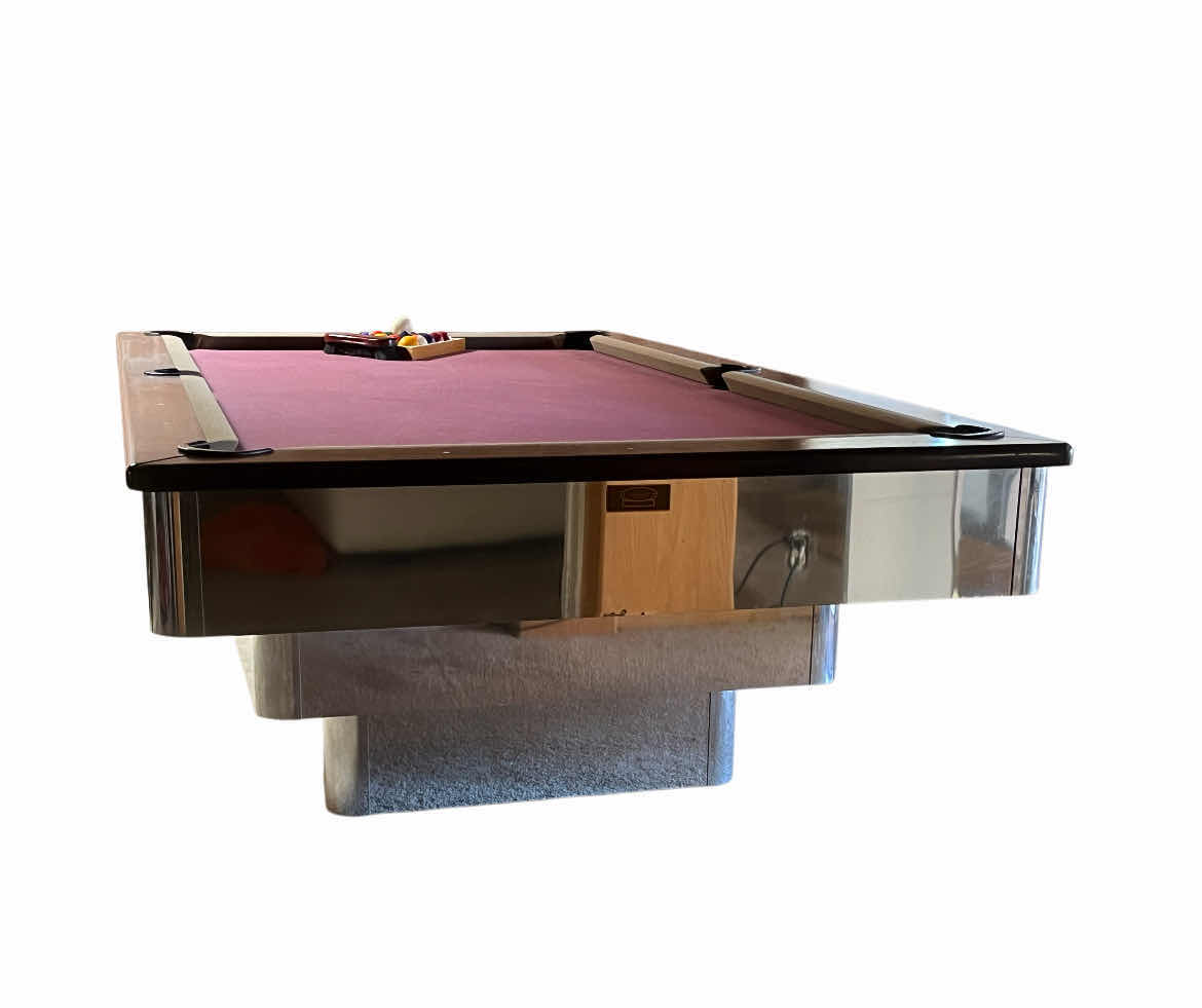Photo 3 of BEACH MANUFACTURING MILLENNIUM SERIES CHROME FINISH BASE WOOD TRIM POOL TABLE W POOL BALLS, RACK & FELT BRUSH (READ NOTES)