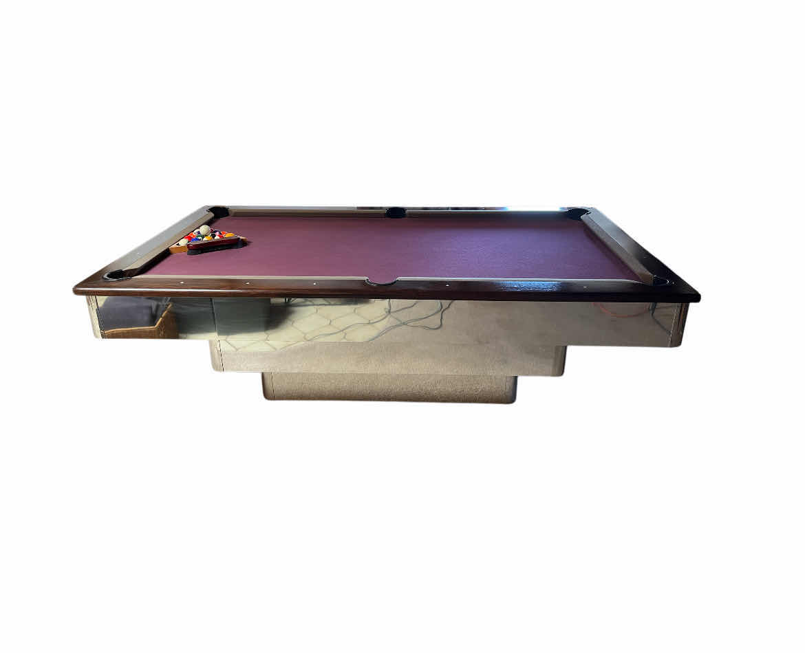 Photo 4 of BEACH MANUFACTURING MILLENNIUM SERIES CHROME FINISH BASE WOOD TRIM POOL TABLE W POOL BALLS, RACK & FELT BRUSH (READ NOTES)