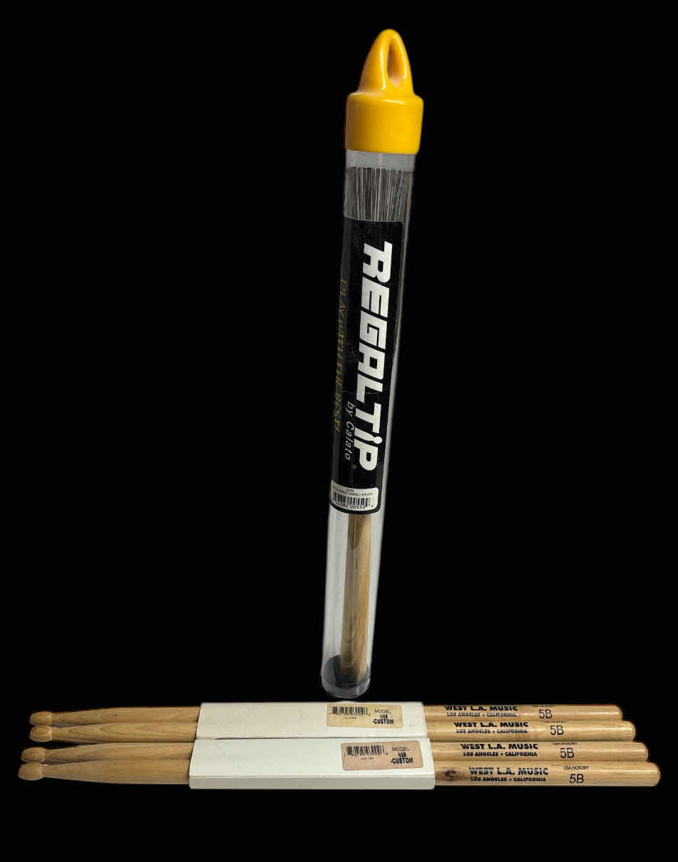Photo 1 of NEW REGAL TIP BY CALATO REGAL WOOD HANDLE WIRE BRUSH SET, NON RETRACTABLE (550W) & NEW 2 SETS OF WEST L.A. MUSIC HICKORY DRUM STICKS (N5B)