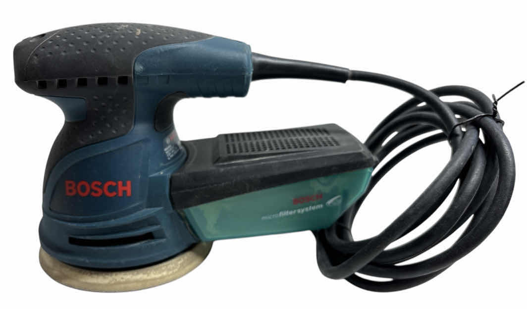 Photo 1 of BOSCH 2.5 AMP 5” CORDED VARIABLE SPEED PALM SANDER W DUST COLLECTOR (ROS20VS) & 4-PACKS OF VARIOUS SANDING DISCS