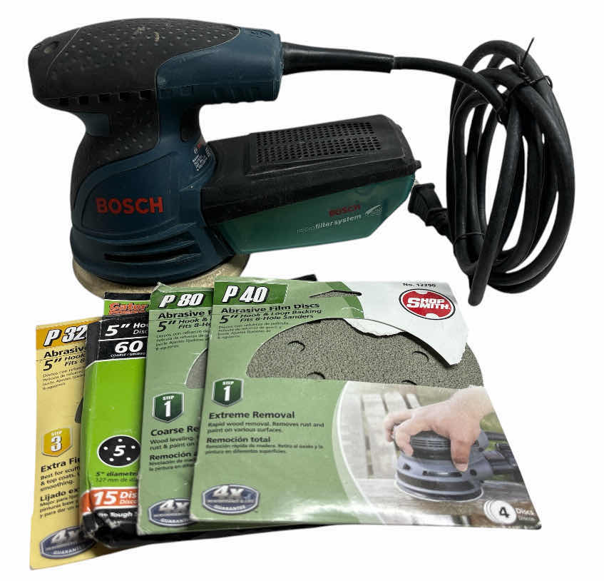 Photo 1 of BOSCH 2.5 AMP 5” CORDED VARIABLE SPEED PALM SANDER W DUST COLLECTOR (ROS20VS) & 4-PACKS OF VARIOUS SANDING DISCS