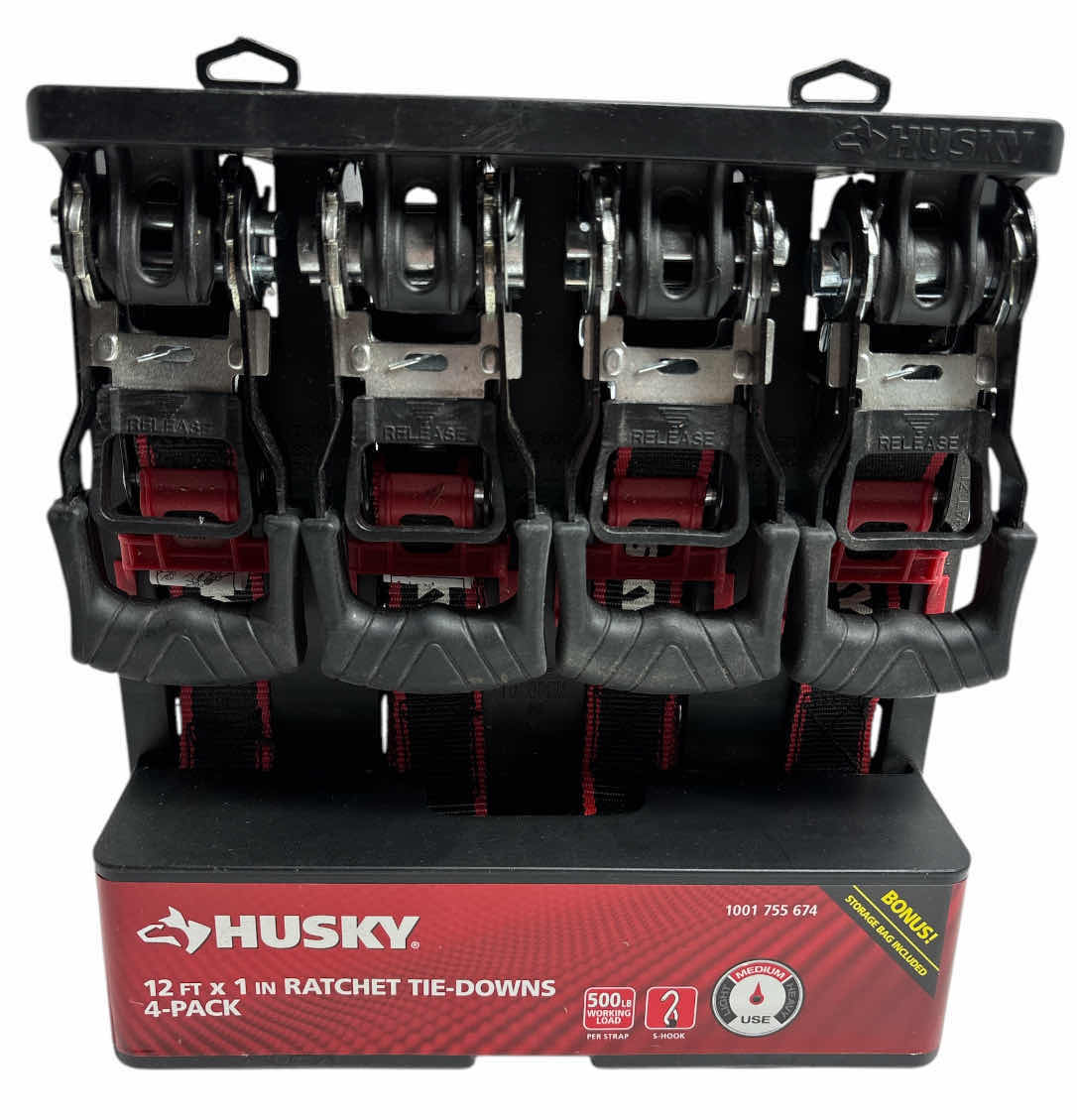 Photo 1 of NEW 4-PACK HUSKY RATCHET TIE-DOWNS 12’ X 1” W STORAGE BAG INCLUDED (1001 755 674)