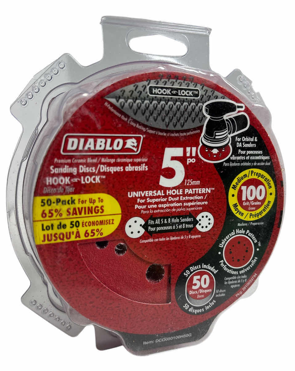 Photo 1 of NEW DIABLO 5” MEDIUM COARSE FINISH 100 GRIT PSA RANDOM ORBITAL SAND PAPER DISCS FOR WOOD/METAL/PLASTIC (50 PACK)