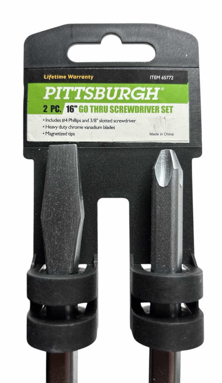 Photo 1 of NEW PITTSBURGH 2 PC 16” GO THRU SCREWDRIVER SET, #4 PHILLIPS & 3/8” SLOTTED SCREWDRIVER W MAGNETIZED TIPS (#65772)