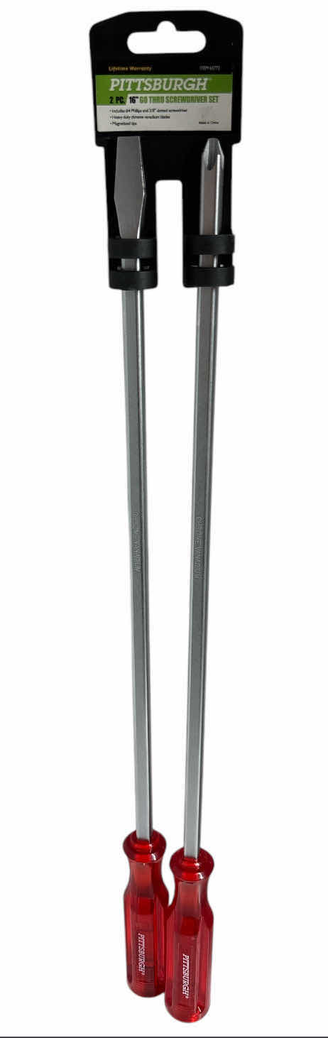 Photo 1 of NEW PITTSBURGH 2 PC 16” GO THRU SCREWDRIVER SET, #4 PHILLIPS & 3/8” SLOTTED SCREWDRIVER W MAGNETIZED TIPS (#65772)