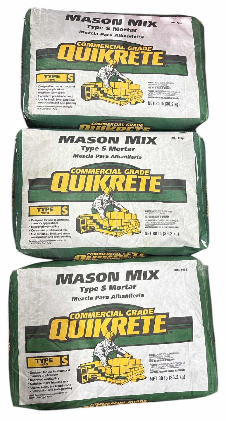 Photo 1 of NEW 3-PACK COMMERCIAL GRADE QUIKRETE MASON MIX TYPE S MORTAR, 80 LBS