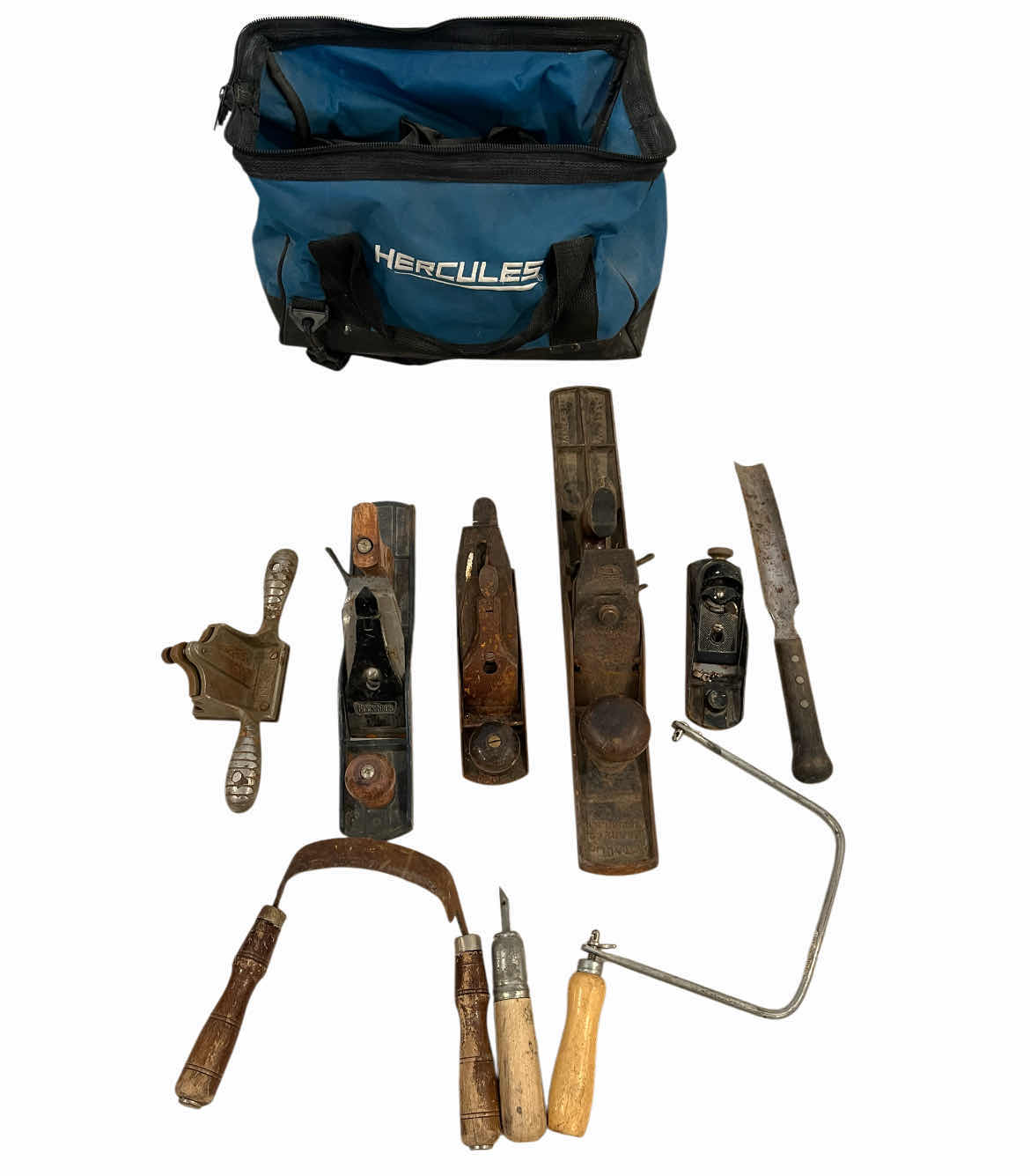 Photo 1 of VINTAGE WOOD WORKING TOOLS (9) W HERCULES TOOL BAG