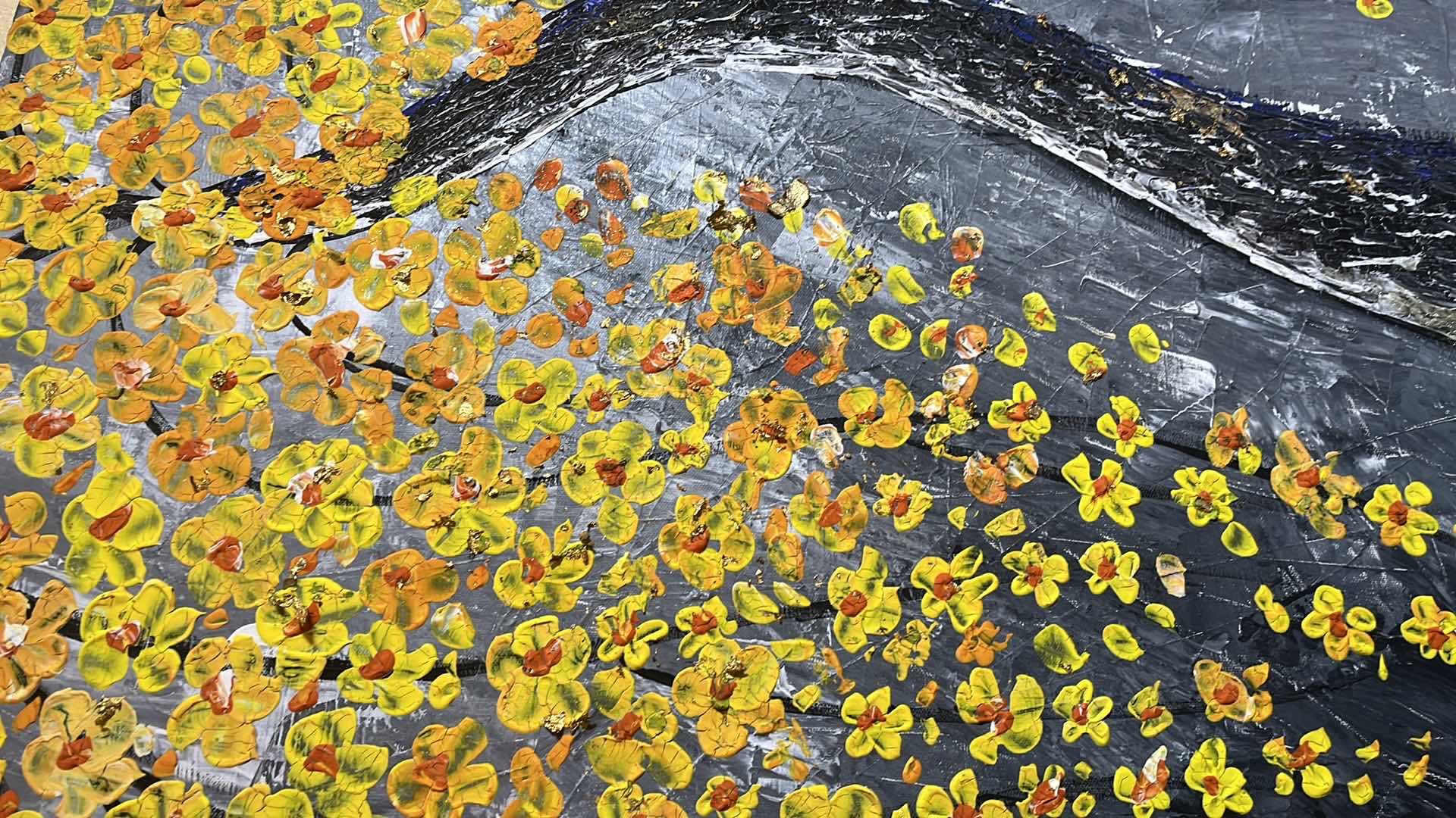 Photo 1 of YELLOW & ORANGE GOLD ACCENTED FLOWER BLOOMING TREE OIL PAINTING CANVAS ARTWORK BY LOCAL ARTIST 36” X 36”