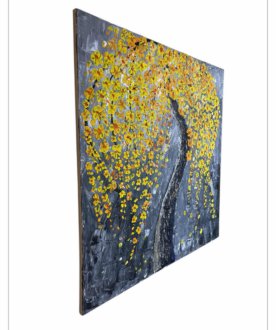 Photo 1 of YELLOW & ORANGE GOLD ACCENTED FLOWER BLOOMING TREE OIL PAINTING CANVAS ARTWORK BY LOCAL ARTIST 36” X 36”