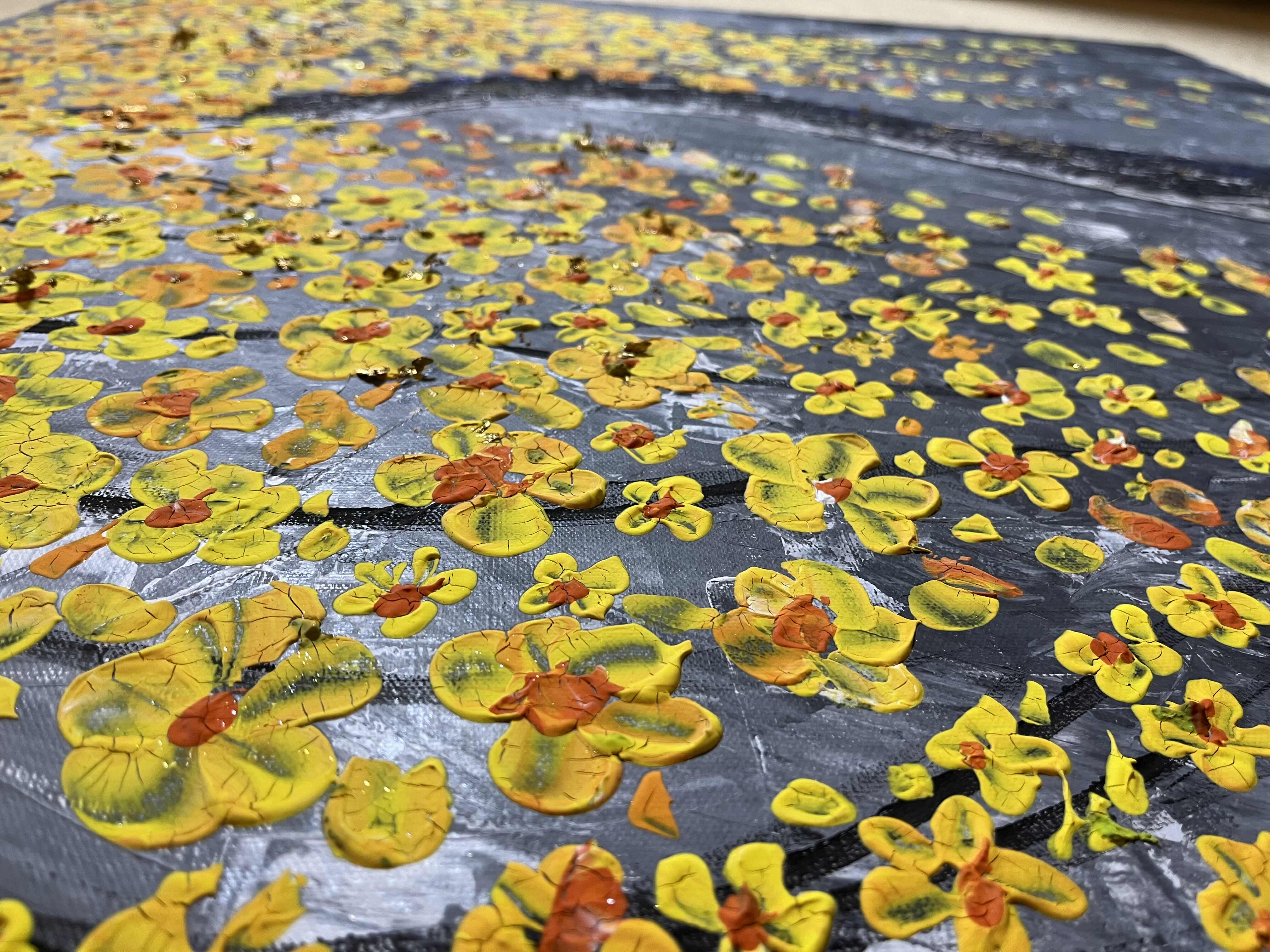 Photo 1 of YELLOW & ORANGE GOLD ACCENTED FLOWER BLOOMING TREE OIL PAINTING CANVAS ARTWORK BY LOCAL ARTIST 36” X 36”