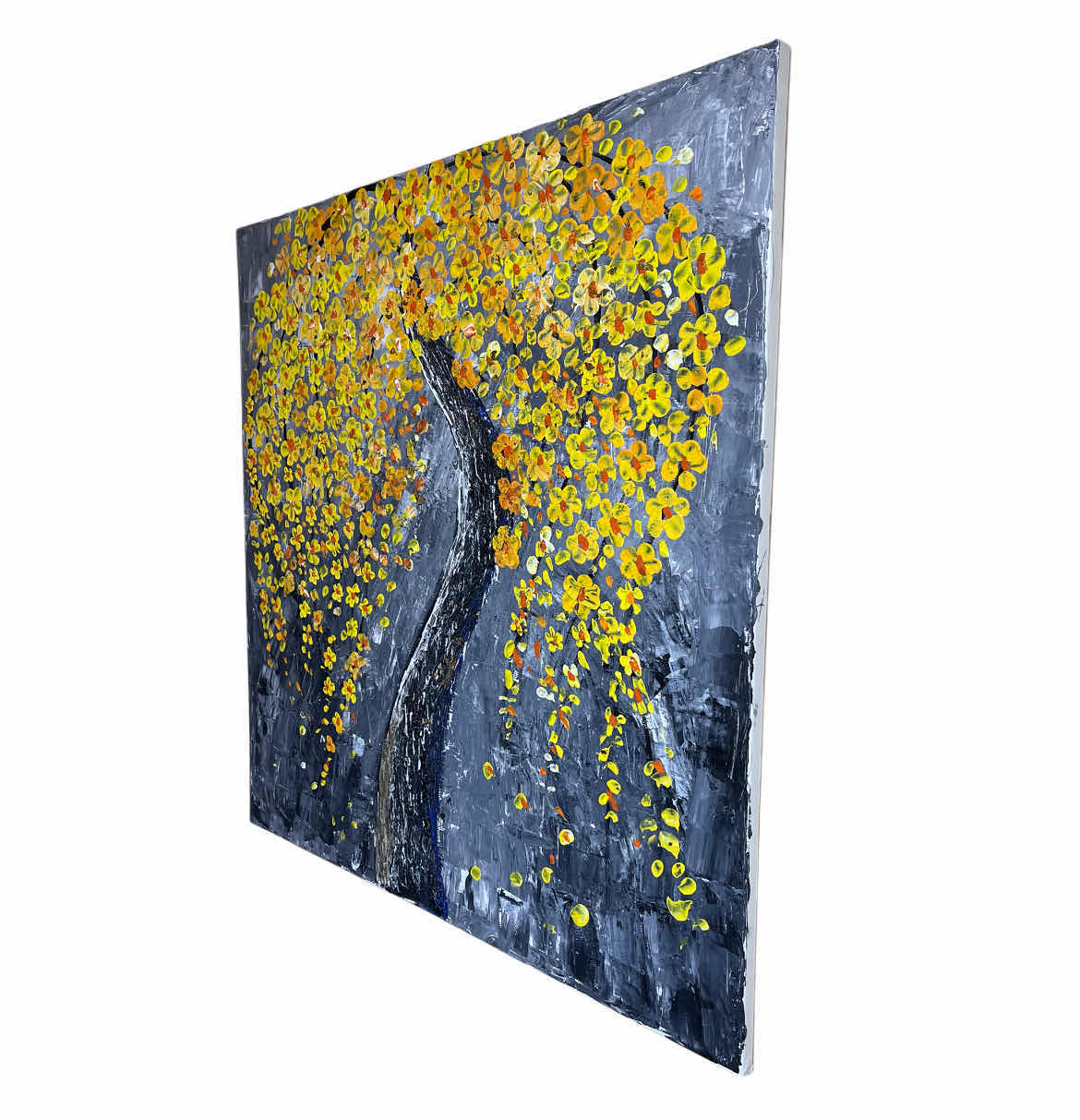 Photo 1 of YELLOW & ORANGE GOLD ACCENTED FLOWER BLOOMING TREE OIL PAINTING CANVAS ARTWORK BY LOCAL ARTIST 36” X 36”
