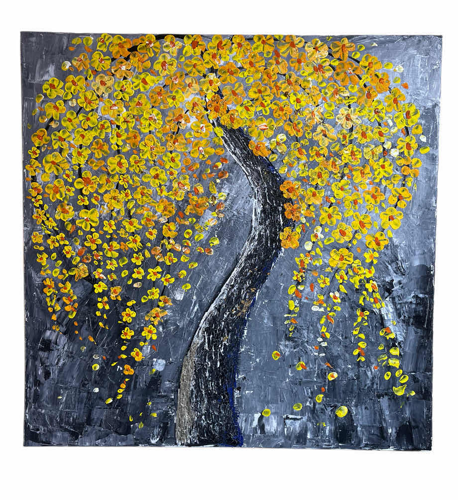 Photo 1 of YELLOW & ORANGE GOLD ACCENTED FLOWER BLOOMING TREE OIL PAINTING CANVAS ARTWORK BY LOCAL ARTIST 36” X 36”