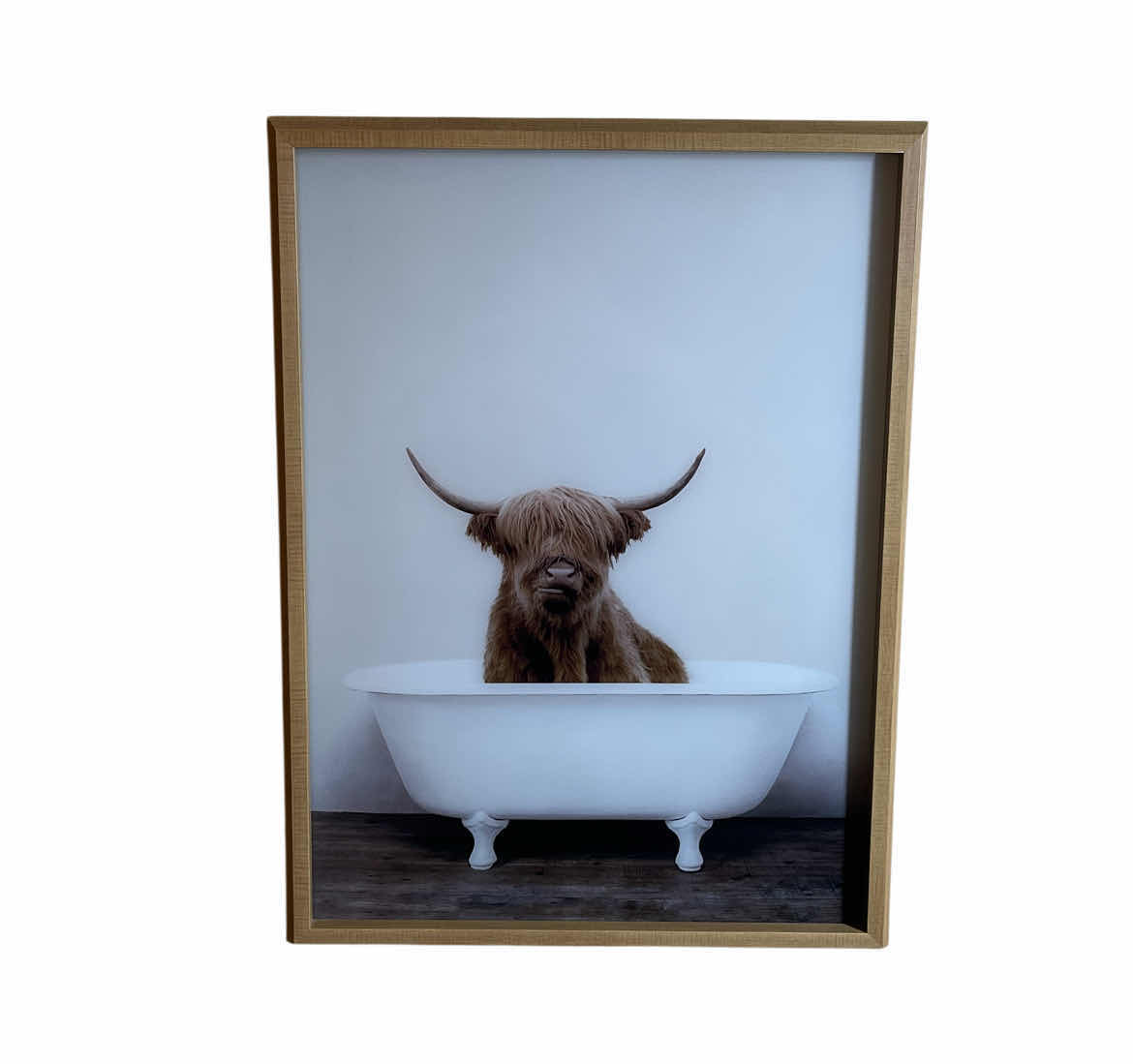 Photo 1 of UNIEK SYLVIE HIGHLAND COW IN TUB GLASS PRINT FRAMED ARTWORK 18” X 24”