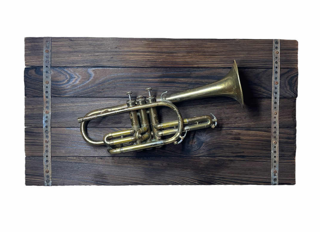 Photo 1 of BRASS CORNET MOUNTED ON WOOD PLANK WALL ART SIGNED BY AARON ANGELO 27.5” X 15”