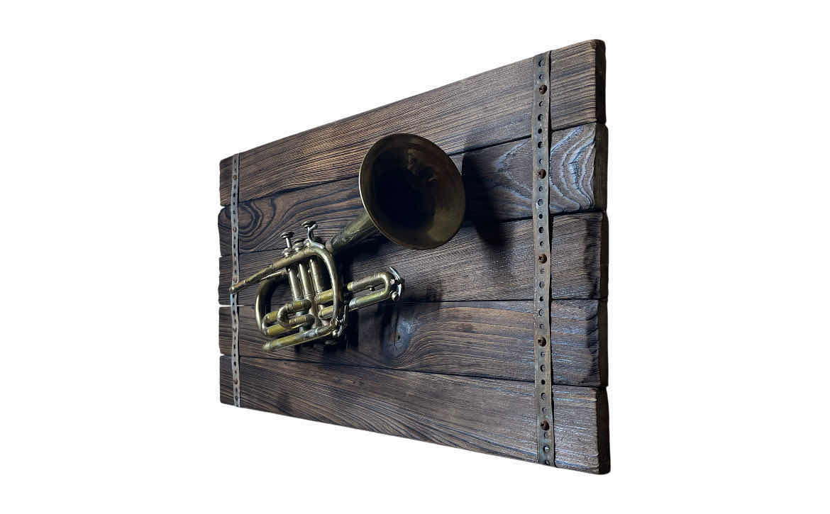 Photo 1 of BRASS CORNET MOUNTED ON WOOD PLANK WALL ART SIGNED BY AARON ANGELO 27.5” X 15”