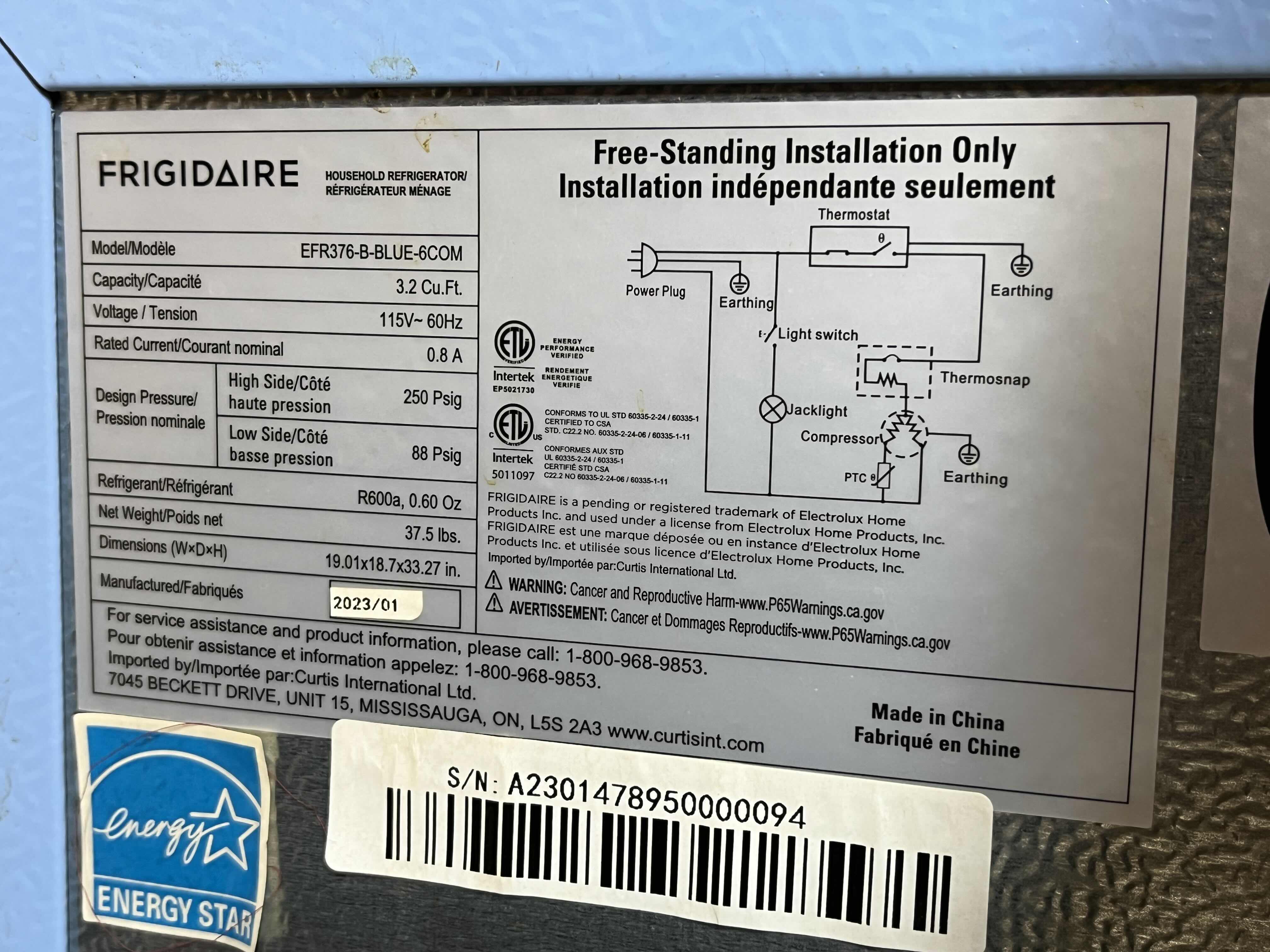 Photo 5 of FRIGIDAIRE RETRO STYLE SKY BLUE MINI REFRIGERATOR MODEL EFR376-B-BLUE-6COM