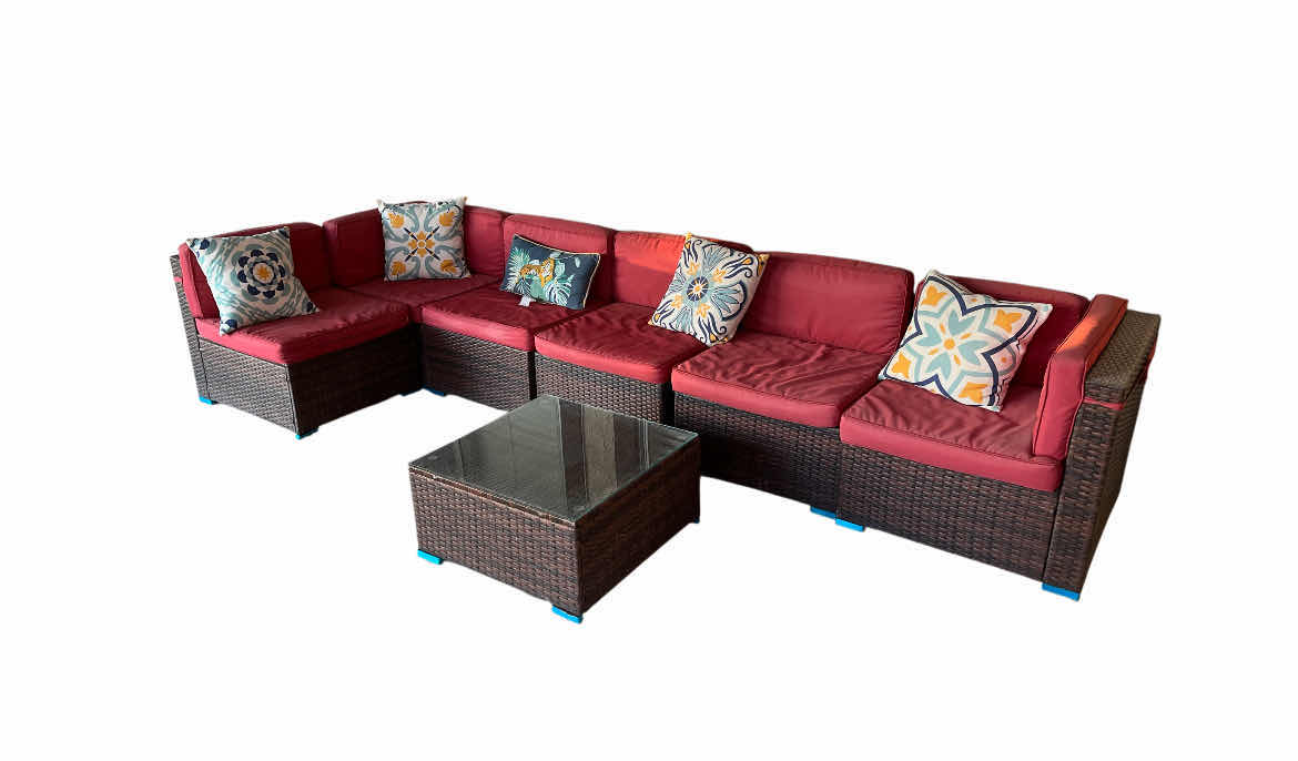 Photo 1 of WOVEN 7PC TWO TONE BROWN PATIO CONVERSATION SEATING SET & GLASS TOP COFFEE TABLE W CUSHIONS & THROW PILLOWS (READ NOTES)