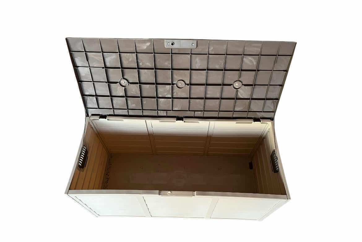 Photo 1 of WOOD FINISH PLASTIC PATIO STORAGE TRUNK 44” X 19.5” H20.5”