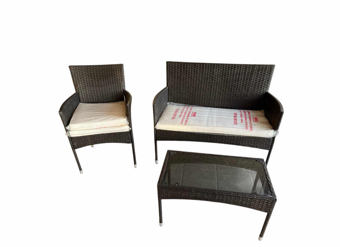 View 1 of DARK BRONZE WOVEN PATIO SET- BENCH, ARMCHAIR & TABLE W NEW CUSHION INSERTS (READ NOTES)
