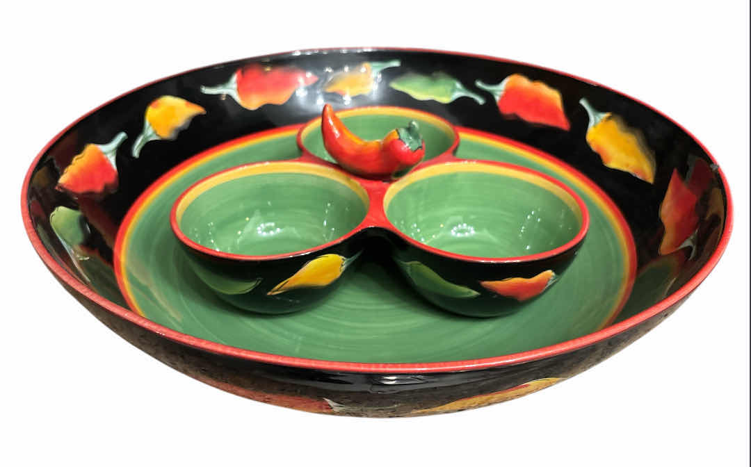 Photo 1 of CLAY ART ‘FIESTA’ 3-PART CONDIMENT SERVER W CENTER HANDLE & 17” ROUND SERVING BOWL, CERAMIC