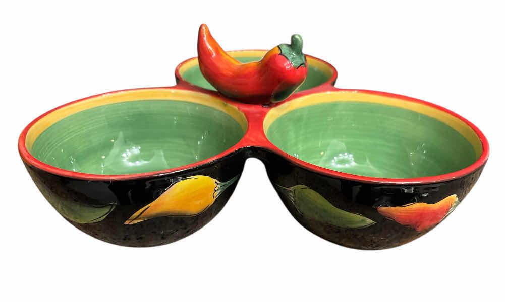 Photo 2 of CLAY ART ‘FIESTA’ 3-PART CONDIMENT SERVER W CENTER HANDLE & 17” ROUND SERVING BOWL, CERAMIC